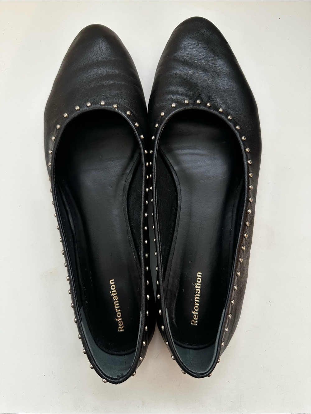 Reformation Black Leather Studded Pointed Ballet Flats